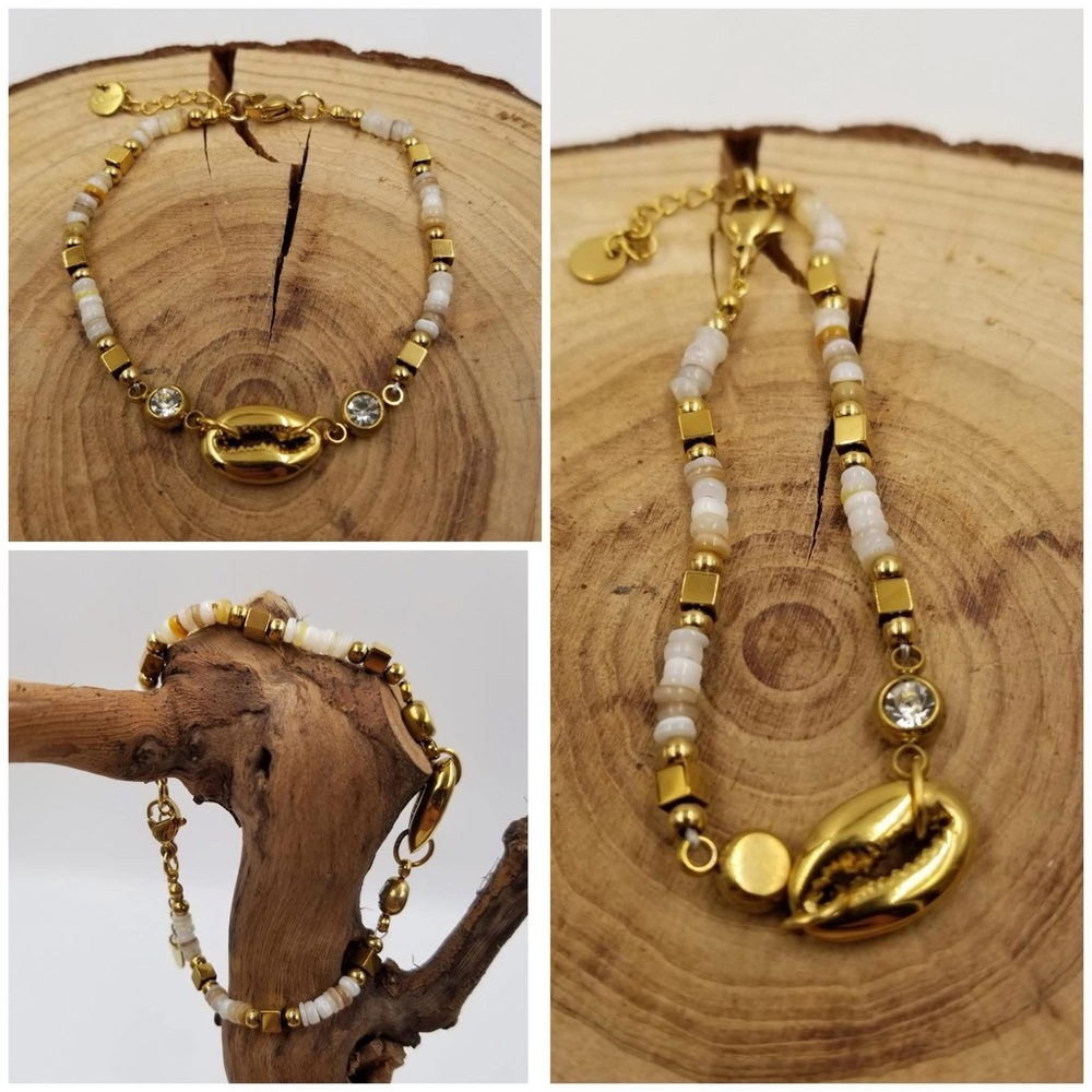Puka Shell Gold and White Beaded Bracelet
